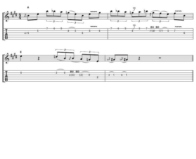 Example 3 - Lower register lick: This lick continues to move between E major and minor pentatonic sounds. A particularly authentic blues feel is obtained by playing all the way down in the first position at the end of the phrase.